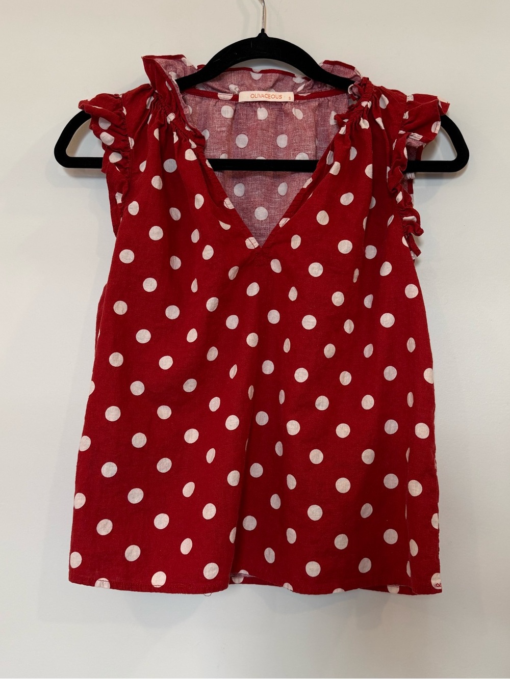 Olivaceous Red with White Polka Dot Ruffle V-Neck Top